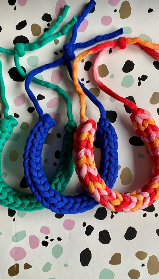 Colourful recycled yarn necklaces